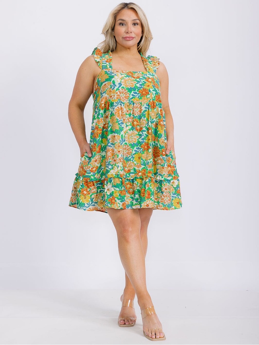Floral Sleeveless Dress - Green and Orange